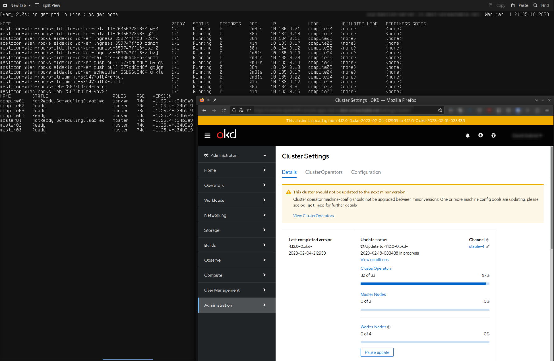 Screenshot of ongoing OKD cluster upgrade showing node and container statuses, as well as a browser admin interface with upgrade progress status indicators.